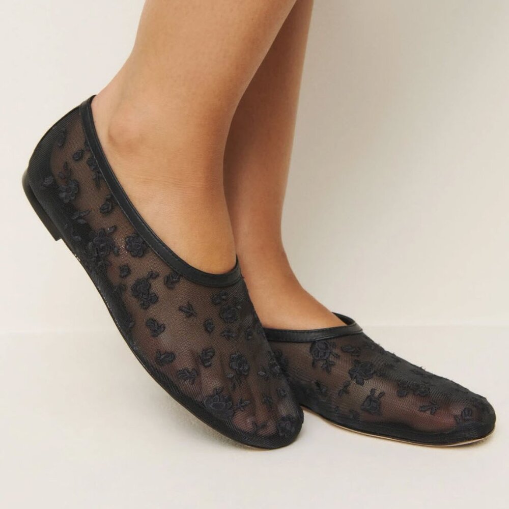 Reformation Britt Ballet Flat In Black Embroidered Mesh Sz 9